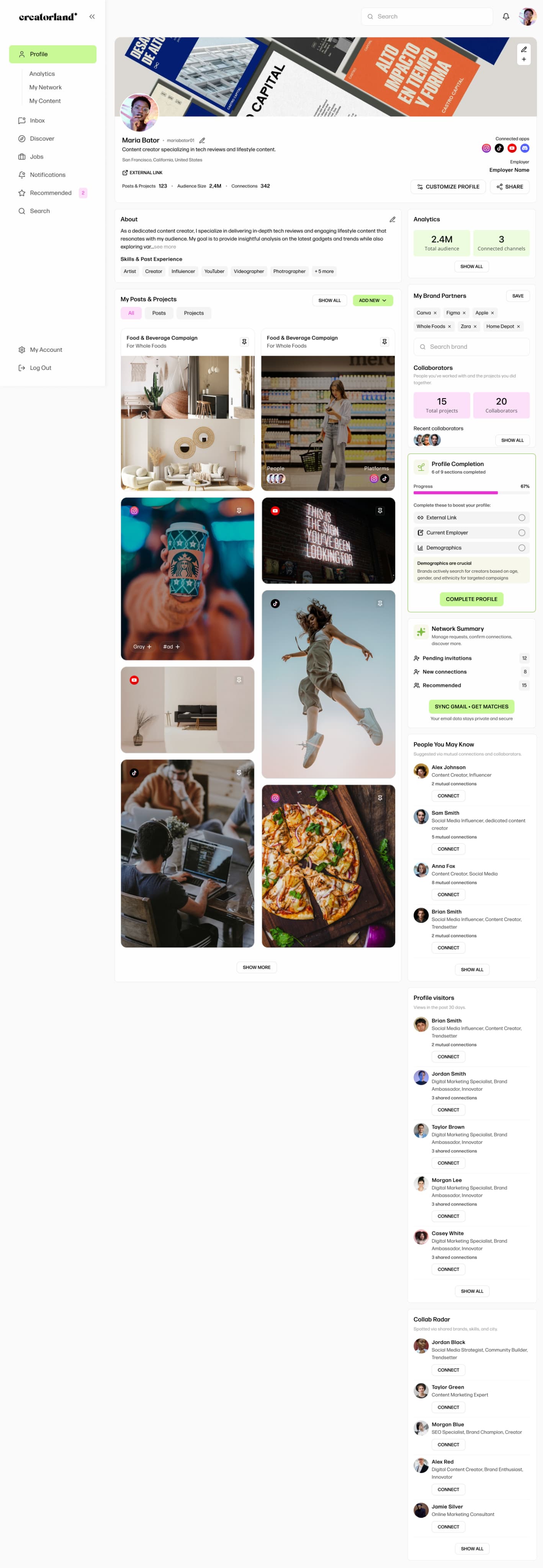 Creatorland profile with creator projects and professional information