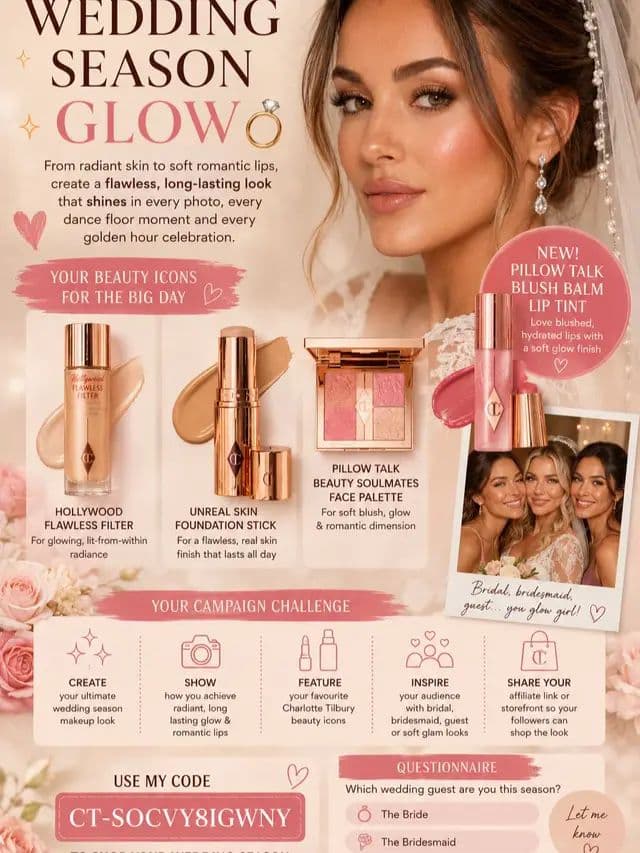 Soft glam, radiant skin & romantic lips are my go-to this season 🤍 Obsessed with creating the perfect bridal inspired look using my Charlotte Tilbury favourites ✨ From glowing skin to love-blushed lips, everything looks flawless from ceremony to dance floor 💫 Use my code CT-SOCVY8IGWNY to shop your wedding season beauty must-haves 💖 #AD #CharlotteTilbury #MagicBeautyStars #WeddingSeasonGlow #softglam @Charlotte Tilbury