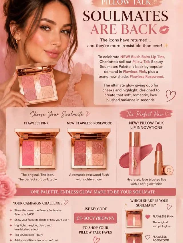 Obsessed with the dreamy glow from the Pillow Talk Beauty Soulmates Palette 💖 The perfect soft blush + highlight combo for that romantic, love blushed look in seconds ✨ I’m loving both shades: 🤍 Flawless Pink for the ultimate soft glam glow 🤎 Flawless Rosewood for a warm romantic flush Paired with the NEW Pillow Talk lip innovations for the prettiest glowing makeup look 💫 Use my code CT-SOCVY8IGWNY to shop my Pillow Talk favourites 💕 #AD #CharlotteTilbury #MagicBeautyStars #PillowTalk #PillowTalkSoulmate SoftGlam GlowMakeup BlushGoals RomanticMakeup CharlotteTilburyMakeup @Charlotte Tilbury