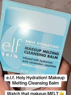 e.l.f. Holy Hydration! Cleansing Balm melts into makeup and sunscreen for that satisfying first cleanse. 💙✨ Massage, rinse and watch the day’s face disappear. #ELFCosmetics #HolyHydration #CleansingBalm #DoubleCleanse #TikTokShop
