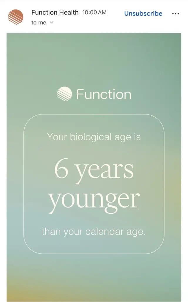 31, but feeling 25! It’s my biological birthday, but my cells are 6 years younger than my chronological age. It’s like I’m aging in reverse Use my affiliate link and code “TPHAN11” to find out more and to get on your journey to live past 100 #healthiswealth #functionhealth #centurion #Biohacking #healthwellness https://my.functionhealth.com/signup?code=TPHAN11&_saasquatch=TPHAN11