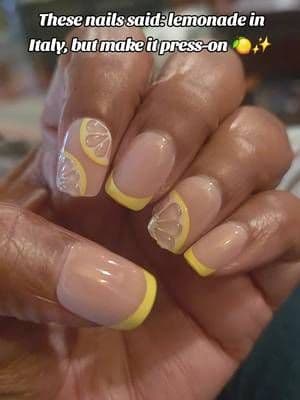 Euro summer nails without the salon appointment 🍋 Glamnetic Limonata press-ons are short squoval, glossy, lemon-themed, and travel-ready. #TikTokShop #PressOnNails #Glamnetic #SummerNails #CruiseTok