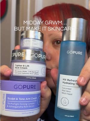 GRWM with my @Gopure tighten up routine. Using the tighten and lift neck cream, sculpt and tone arm cream, and advanced repair eye cream for a smooth, firm, hydrated glow. Easy midday skincare routine for busy moms. #grwm #skincareroutine #momskincare #tiktokshopfinds #gopurebeauty