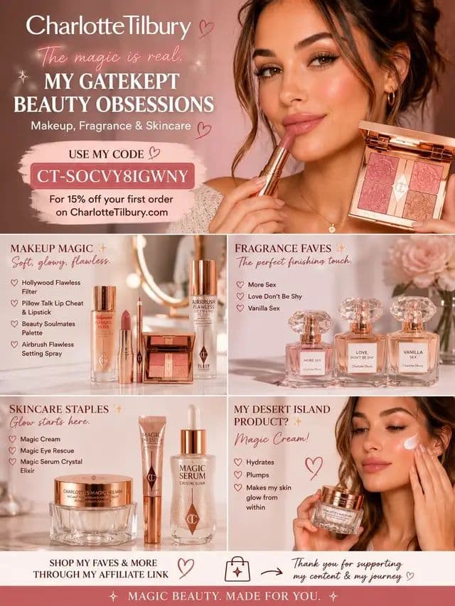 Definitely my Charlotte Tilbury favourites 💖 From the glowiest skin prep to the prettiest soft glam makeup, these products never disappoint ✨ My current obsessions: 💫 Hollywood Flawless Filter 💫 Pillow Talk Lipstick & Lip Cheat 💫 Beauty Soulmates Palette 💫 Airbrush Flawless Setting Spray 💫 Magic Cream These are the products I keep reaching for every single day 🤍 Use my code CT-SOCVY8IGWNY for 15% OFF new customer orders ✨ Shop through my affiliate link to see all my favourites 💖 #AD #CharlotteTilbury #MagicBeautyStars @Charlotte Tilbury